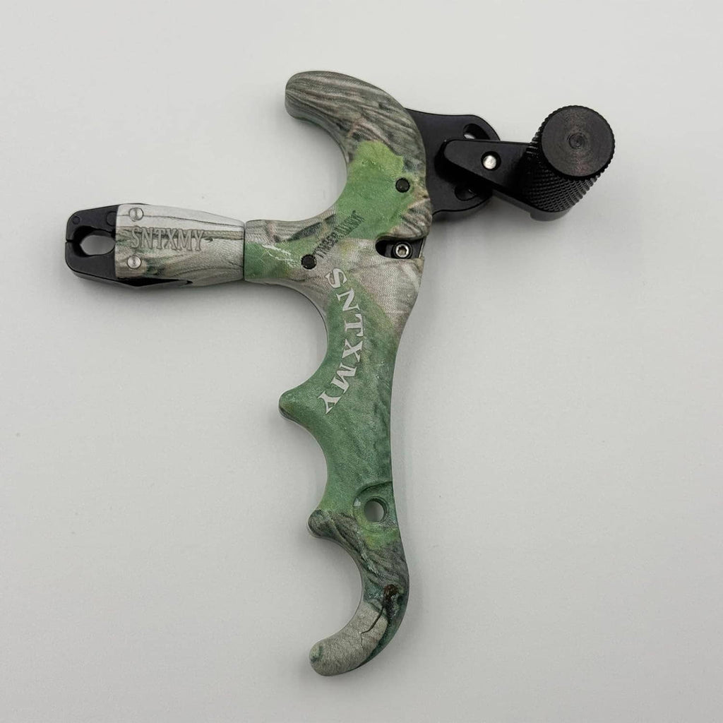 Green camo bow trigger release with black thumb trigger and mounting plate