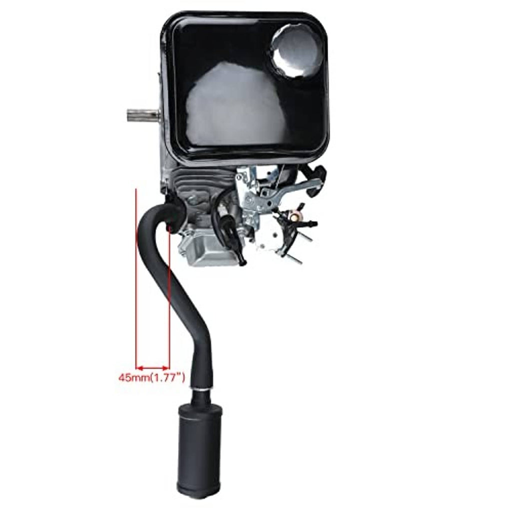 Black muffler silencer pipe with cylindrical canister and mounting hardware