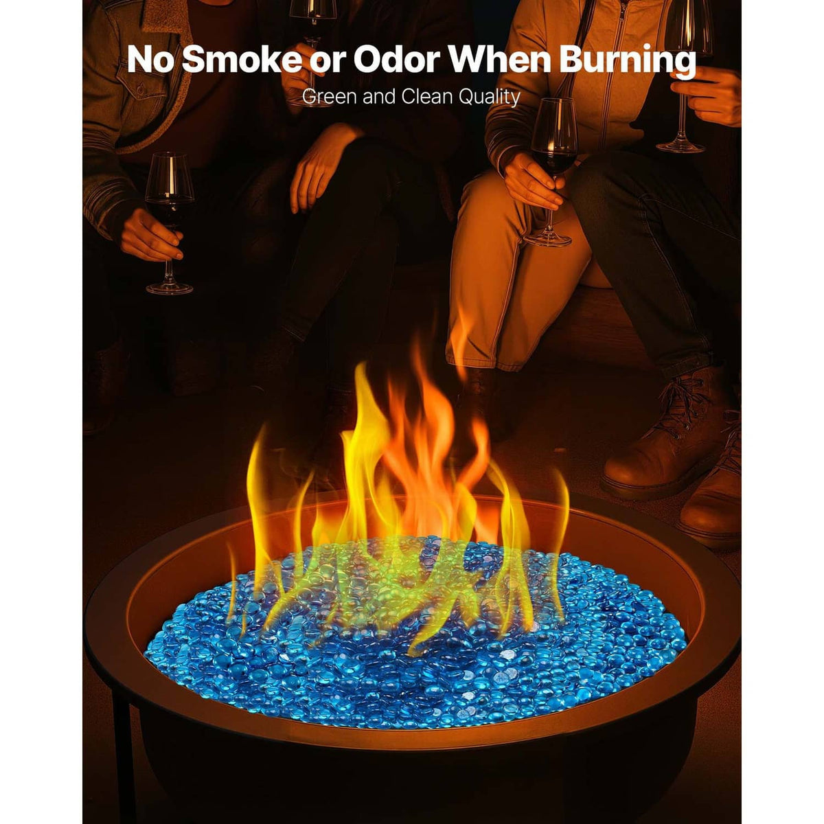 Caribbean blue fire pit glass rocks in a fire bowl with visible flames and glass beads