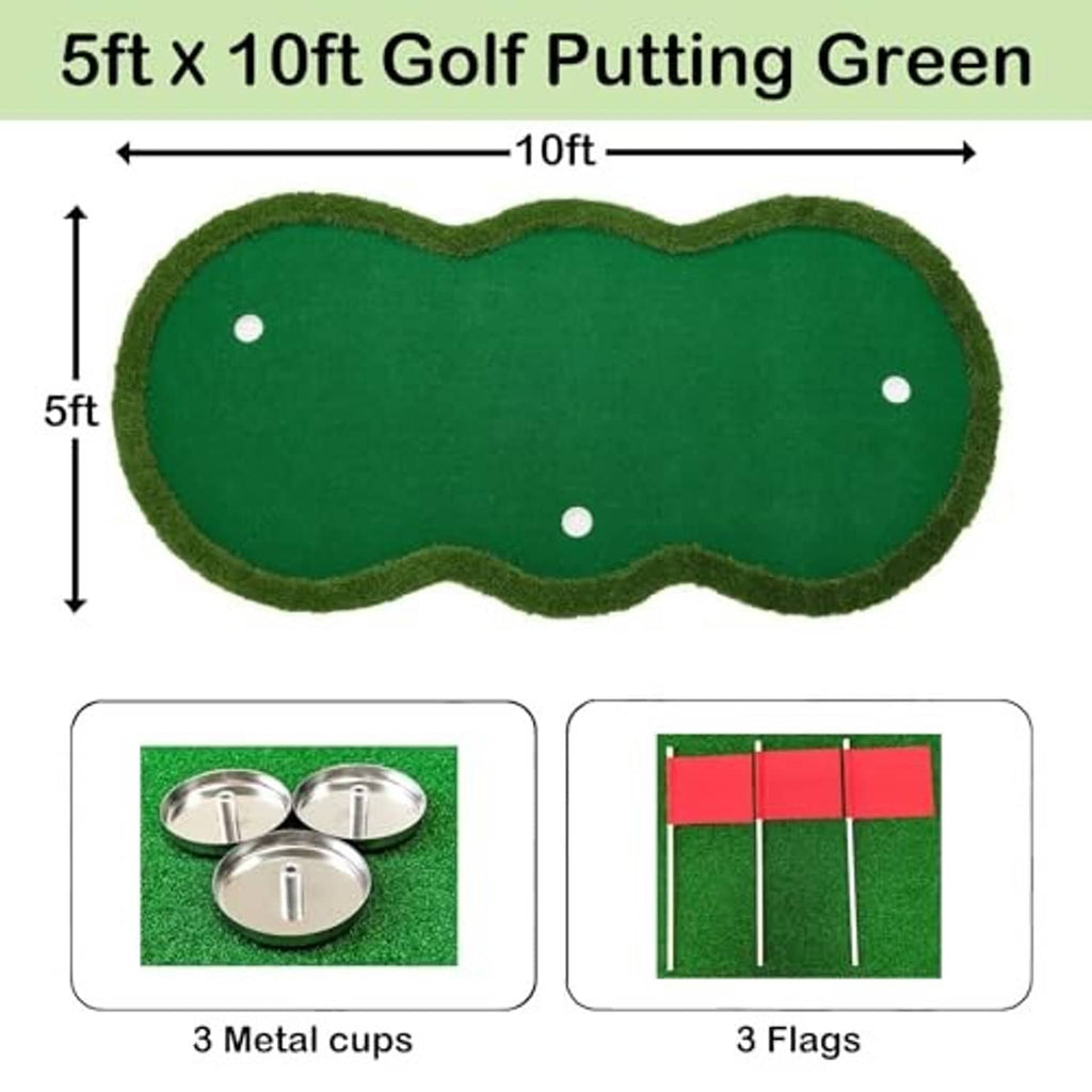 Golf putting green mat with wavy shape and three practice cups