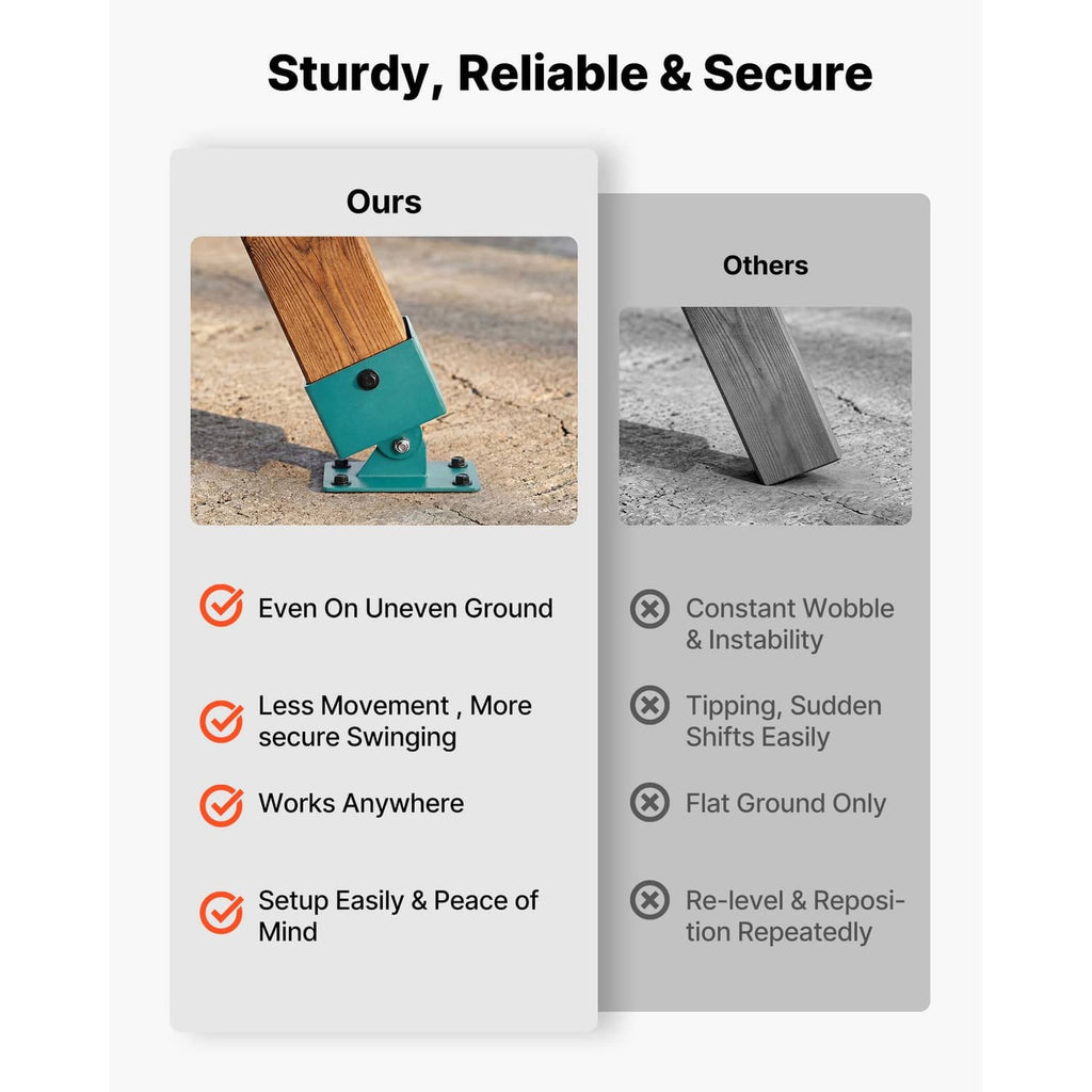 Teal swing set bracket base shown securing on ground, with anti-wobble support design