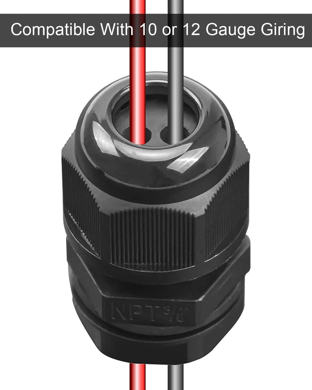 Black bulkhead fitting connector, ridged outer ring with two center wire holes