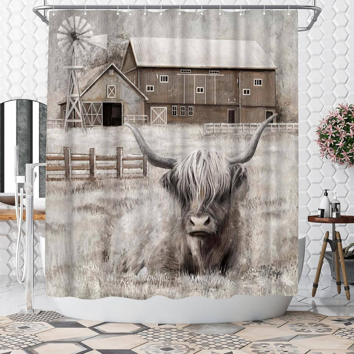 Highland cow shower curtain with barn and fence graphic, gray and white print