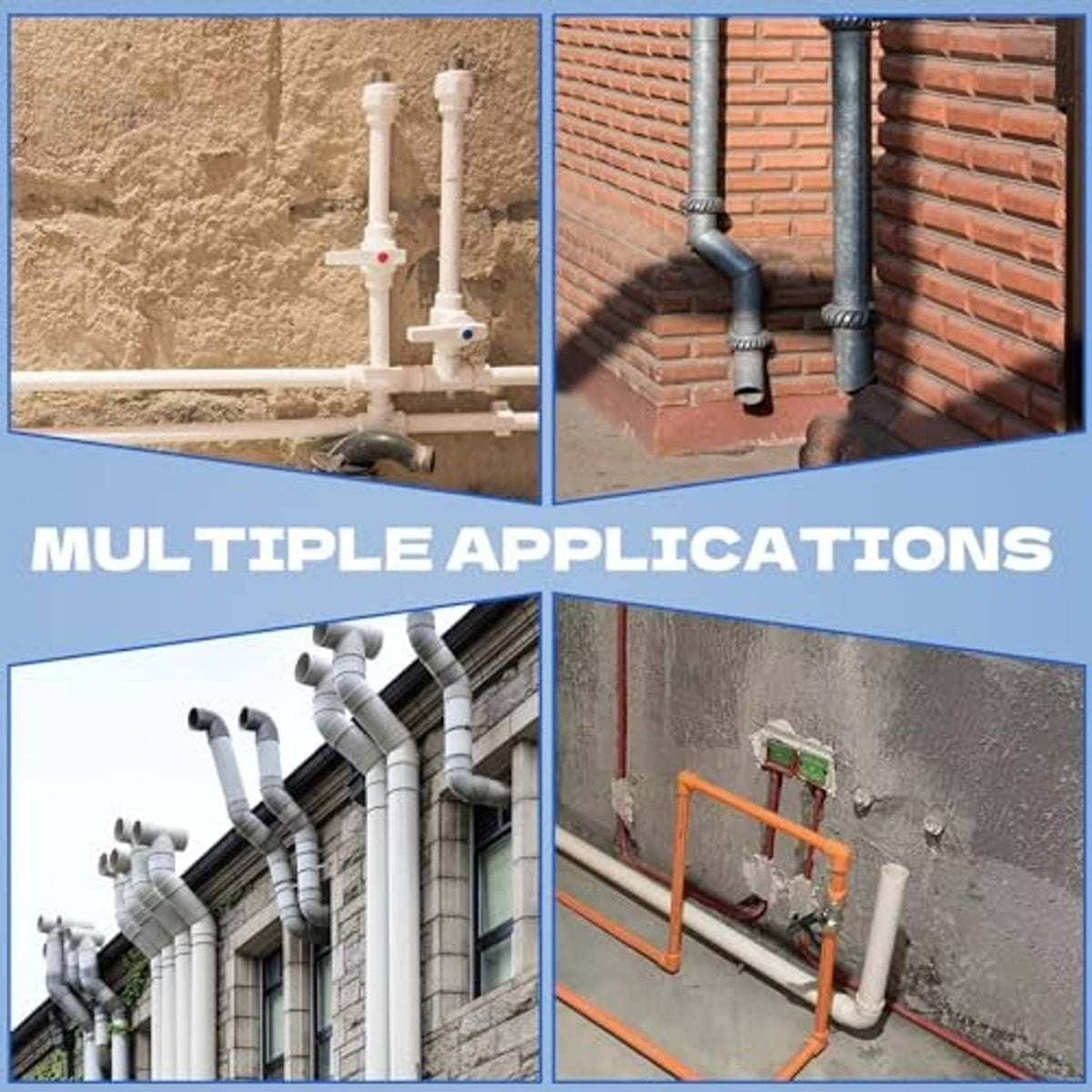 White PVC pipe end cap fitting shown in multiple plumbing installation scenes