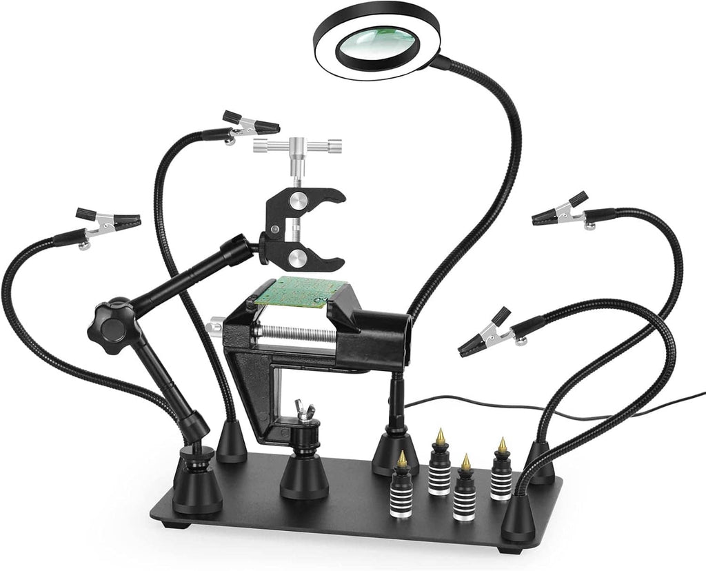 Magnetic soldering third hand PCB holder with black base, three arms, and magnifier light