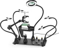Magnetic soldering third hand PCB holder with black base, three arms, and magnifier light