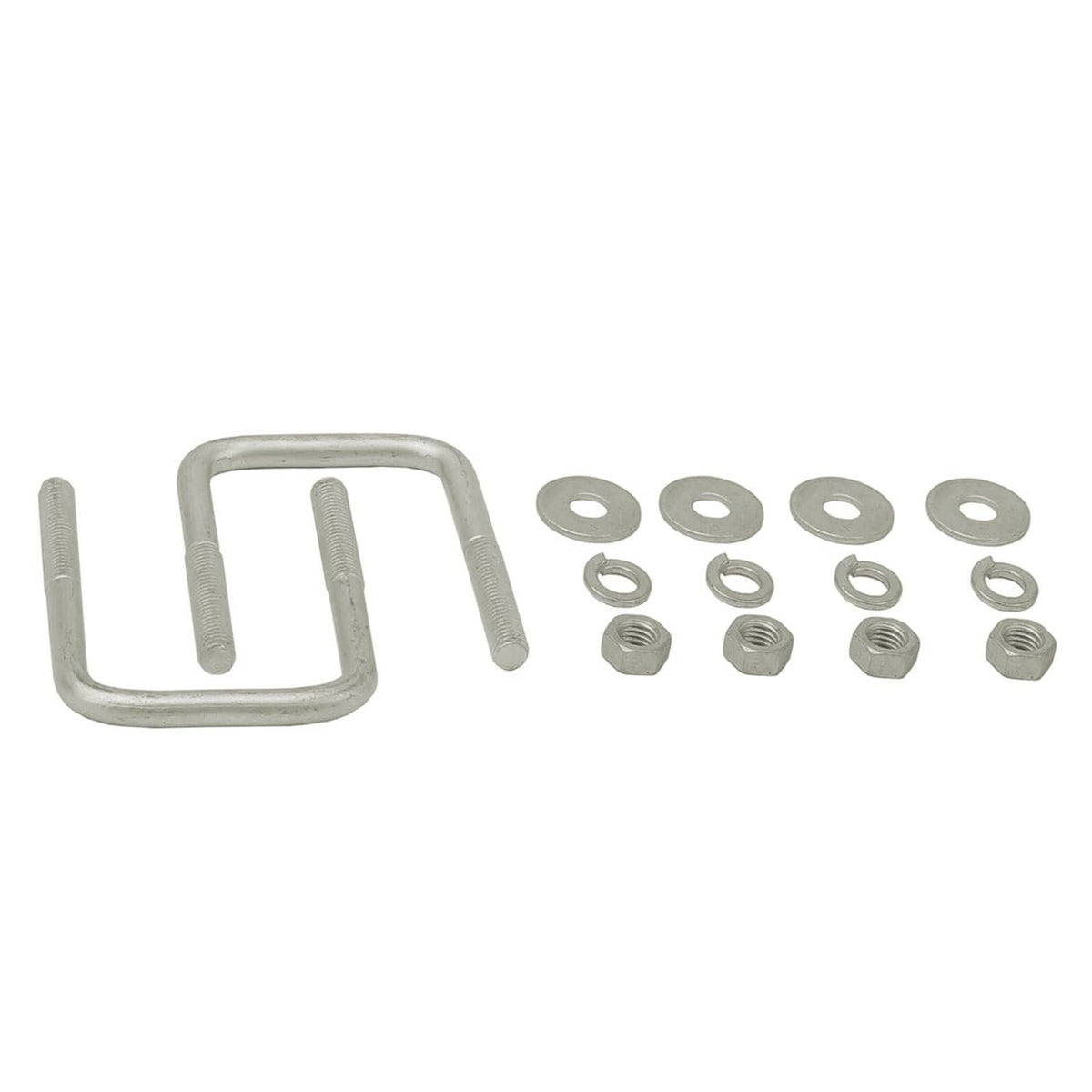 Boat trailer centering hardware kit: U-bolt, washers, nuts, and bracket pieces