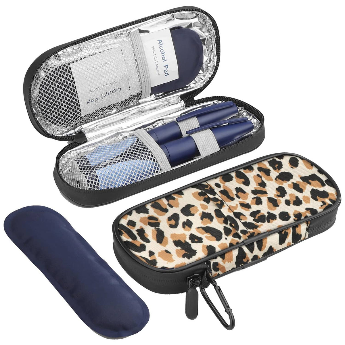Leopard print insulin cooler travel case with zippered lid and blue ice pack insert