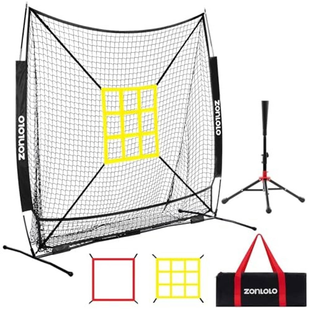 Practice batting net with black frame and white mesh, yellow strike target, tripod stand