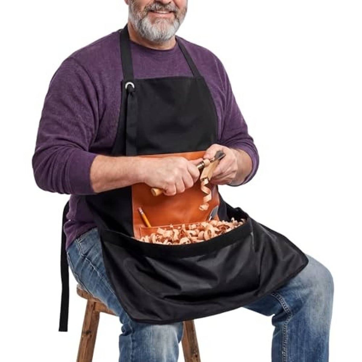 Woodworking carving apron, black with orange chip-catching pocket and hanging loop
