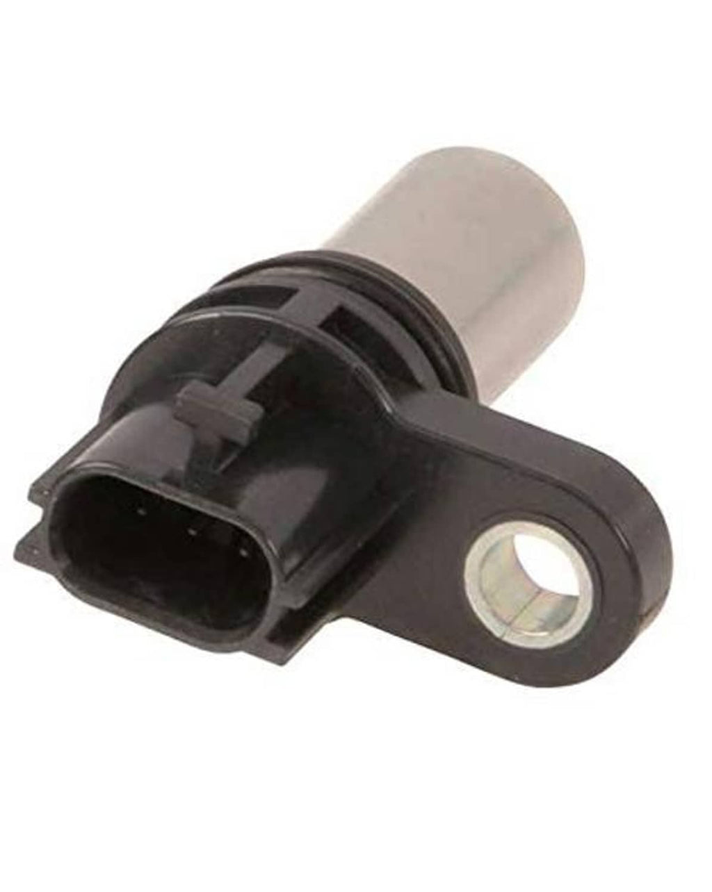Camshaft position sensor connector end with circular metal mounting hole, dark housing