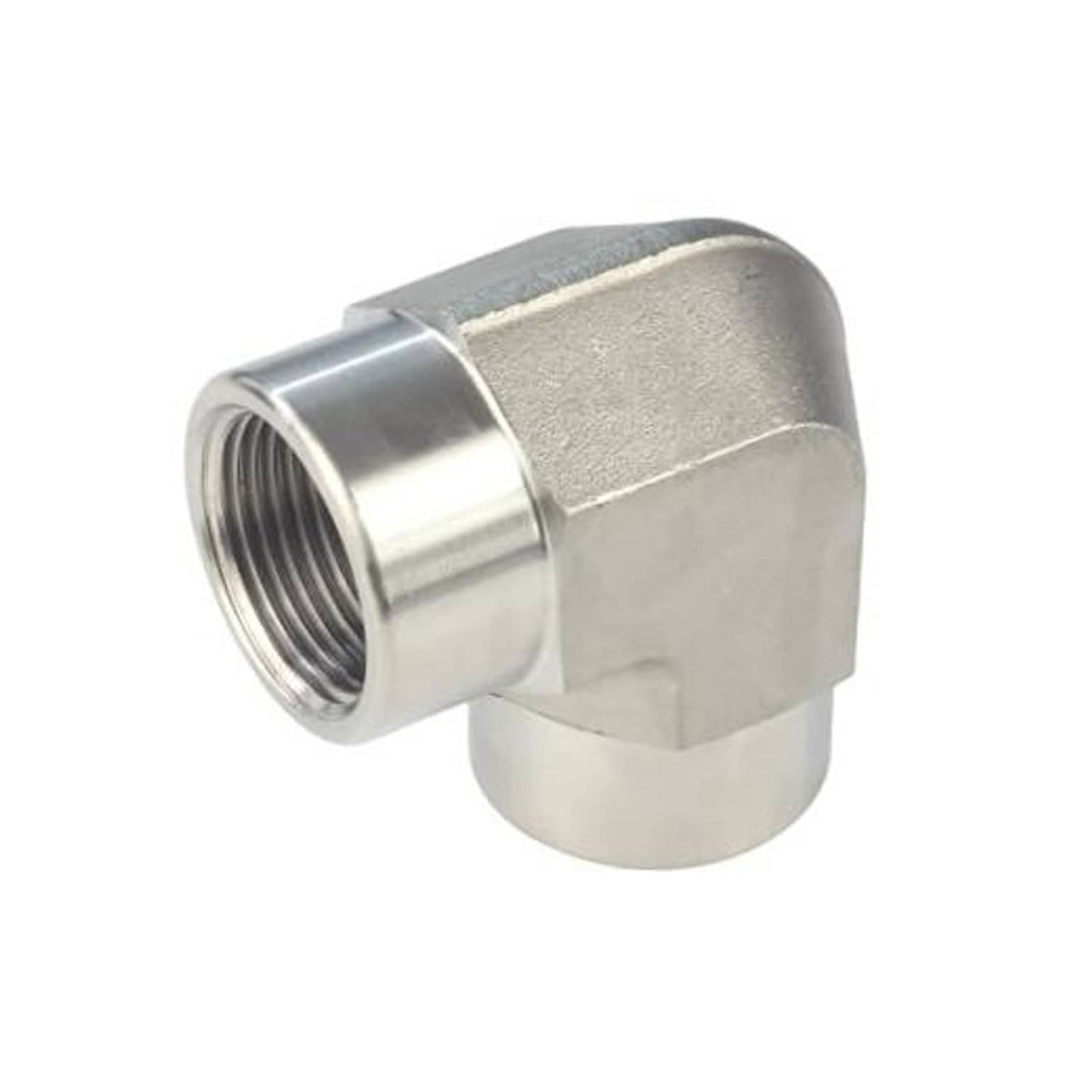 Stainless steel 90-degree elbow pipe fitting with external threads and curved body