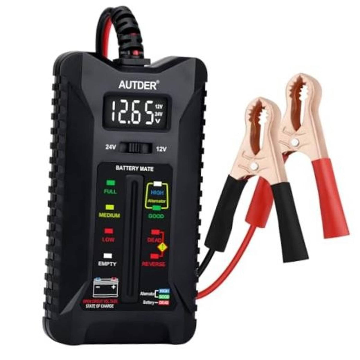 Digital car battery tester with LCD screen and red/black battery clamps, black case