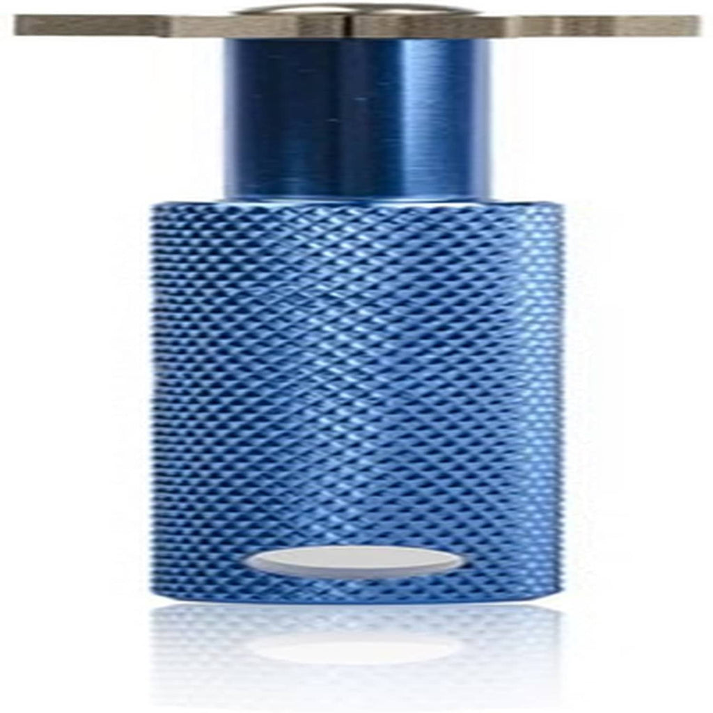 Blue textured groove sharpener sleeve with metal top plate and clamp