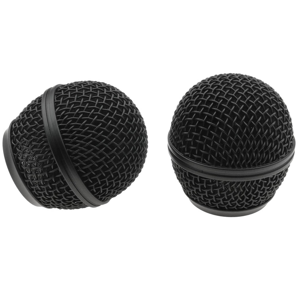 Pair of black microphone mesh grill covers with protective rim at base
