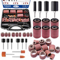 Sanding drum and sleeve kit with abrasive drums and metal shanks in a storage case