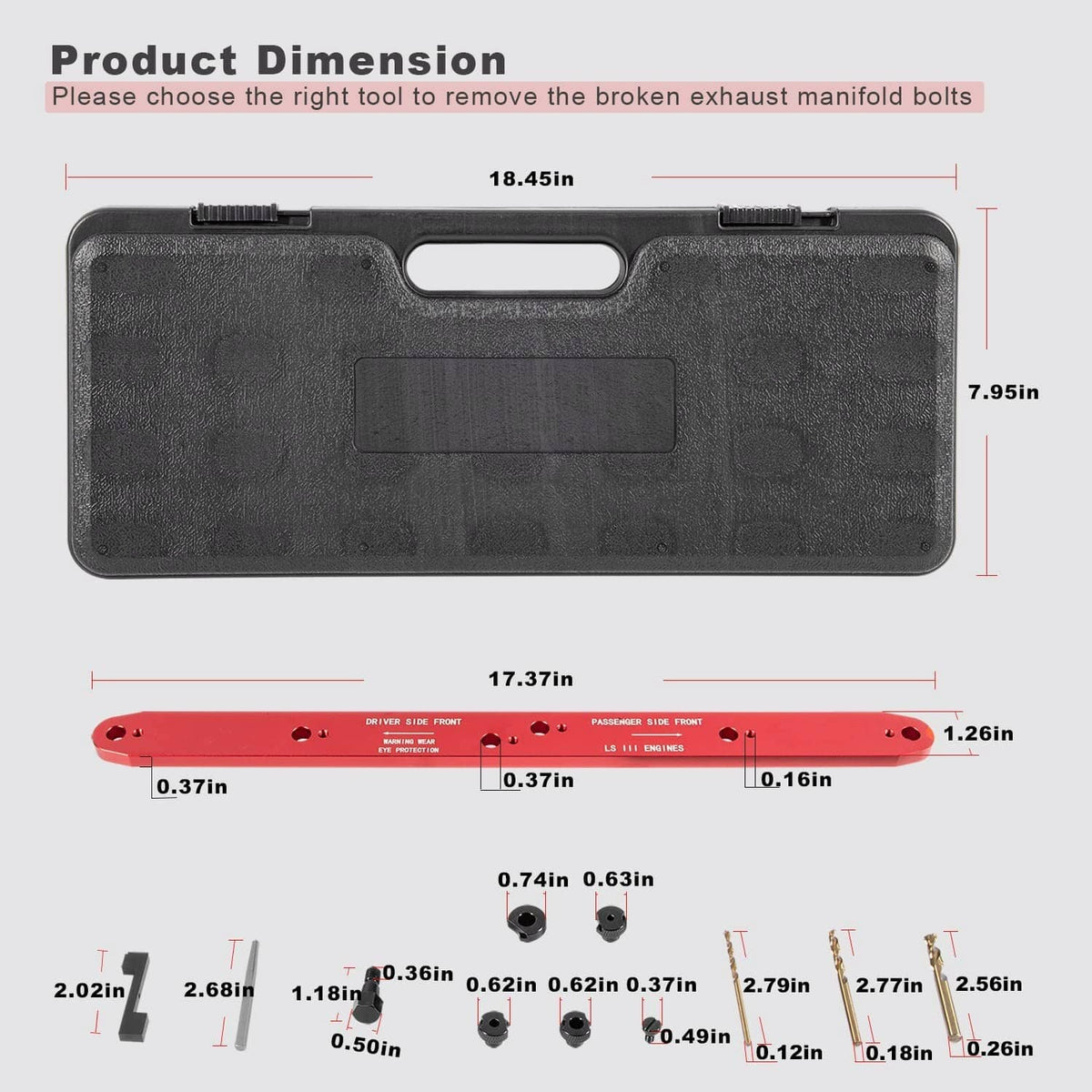 Manifold drill template kit dimension diagram showing black case and red template bar