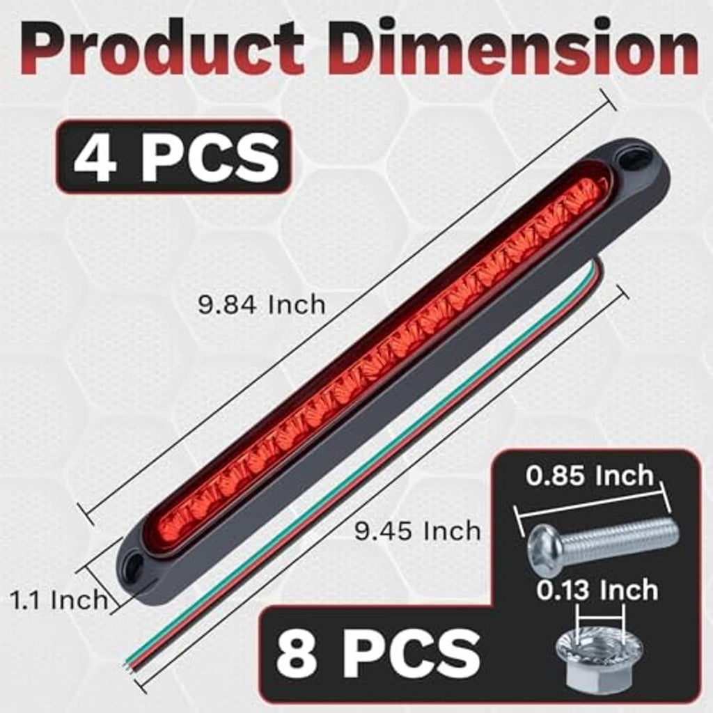 4-pack red LED trailer light bars with black housing and rectangular lens