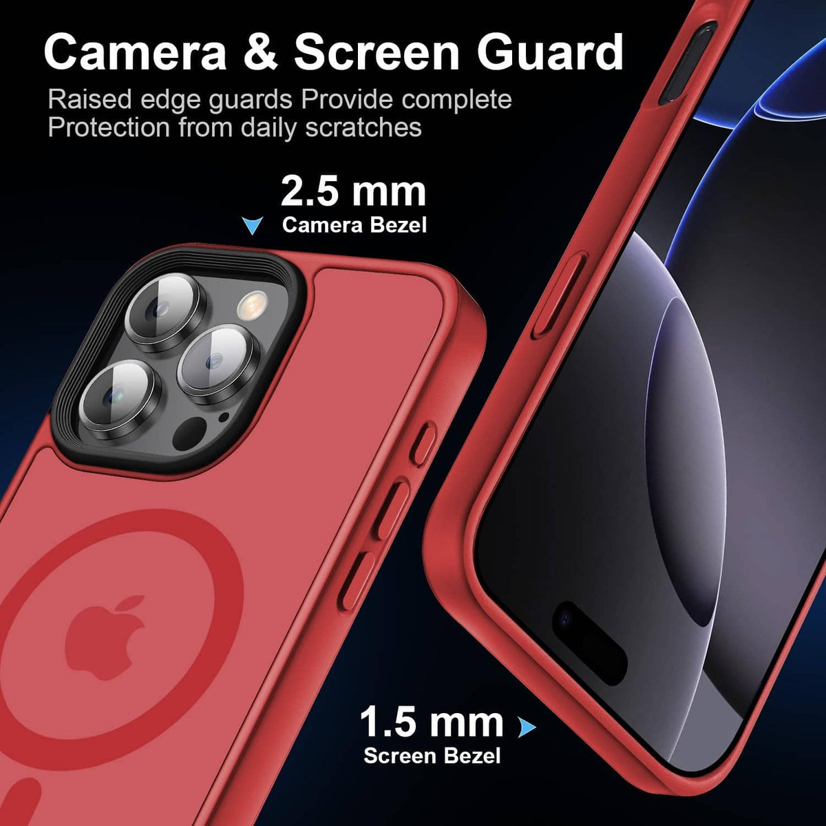 Red case with raised screen and camera bezels for iPhone 16 Pro Max protection