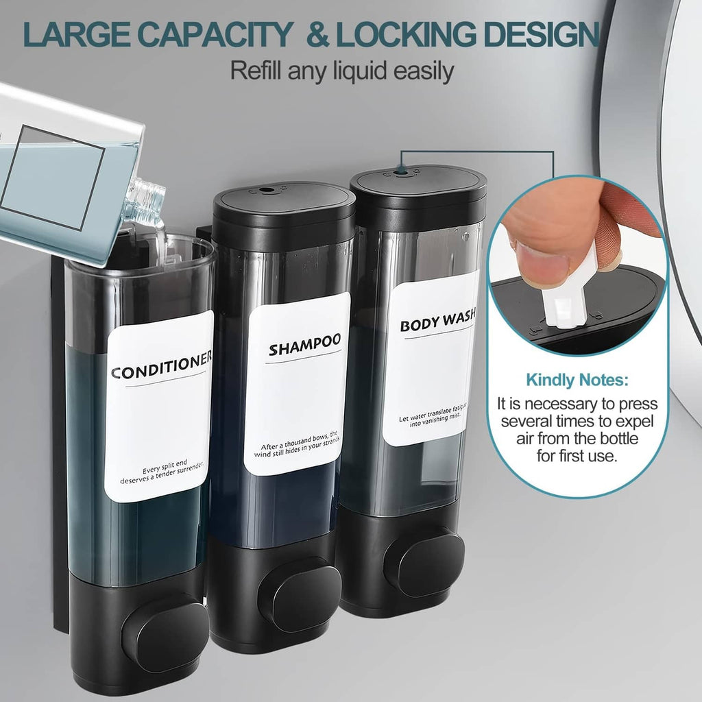 Black 3-chamber shower soap dispensers with hand-press pump and large capacity