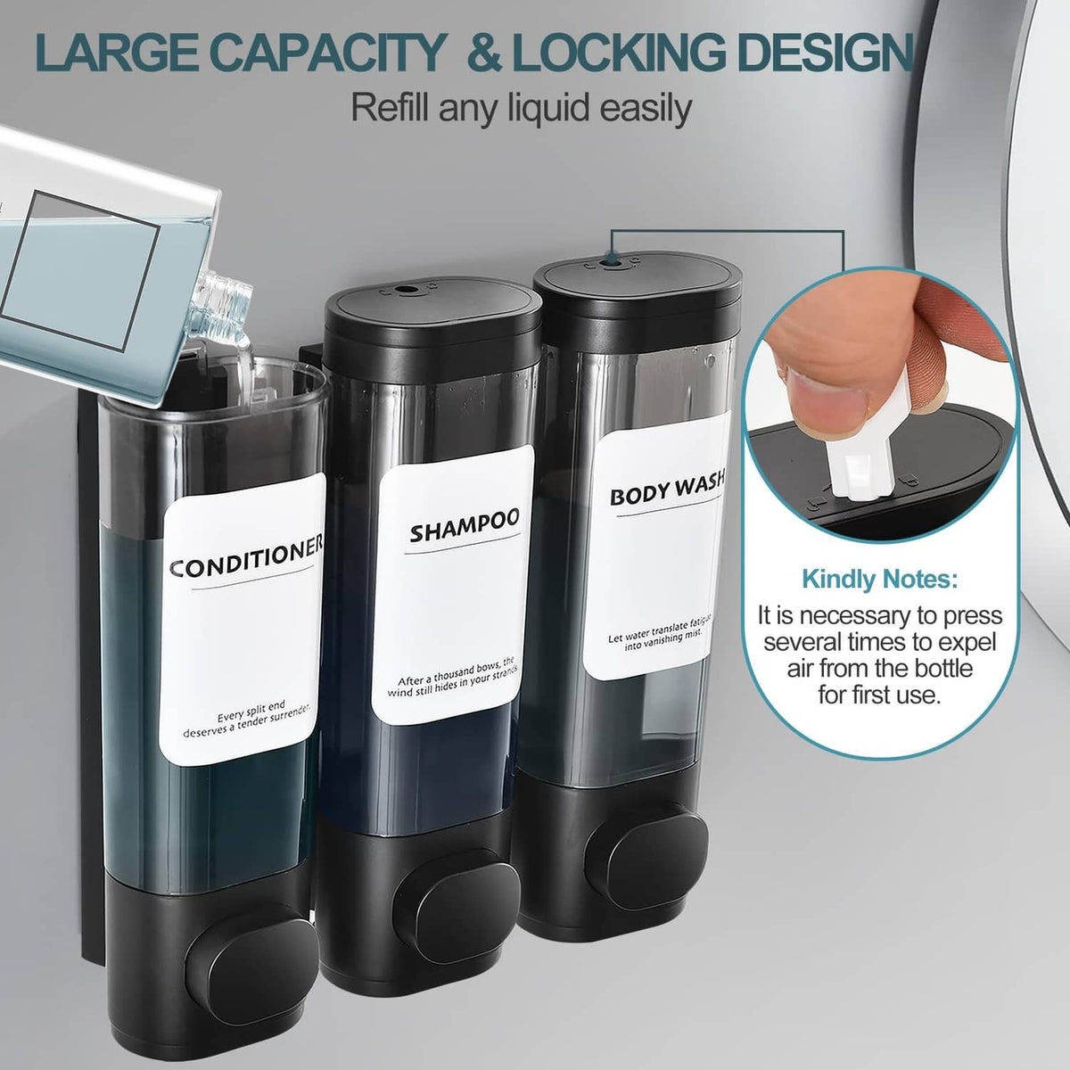 Black 3-chamber shower soap dispensers with hand-press pump and large capacity