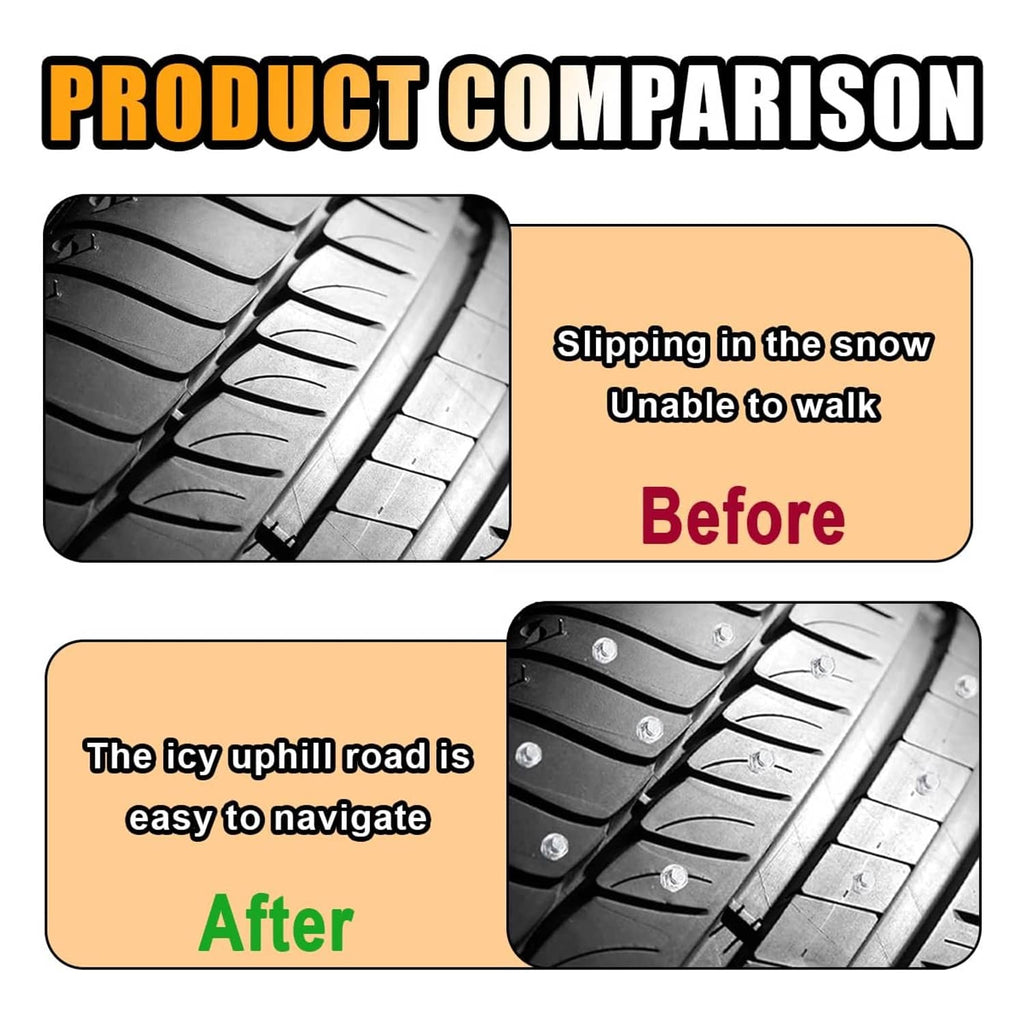 Snow tire tread with metal anti-slip stud screws embedded