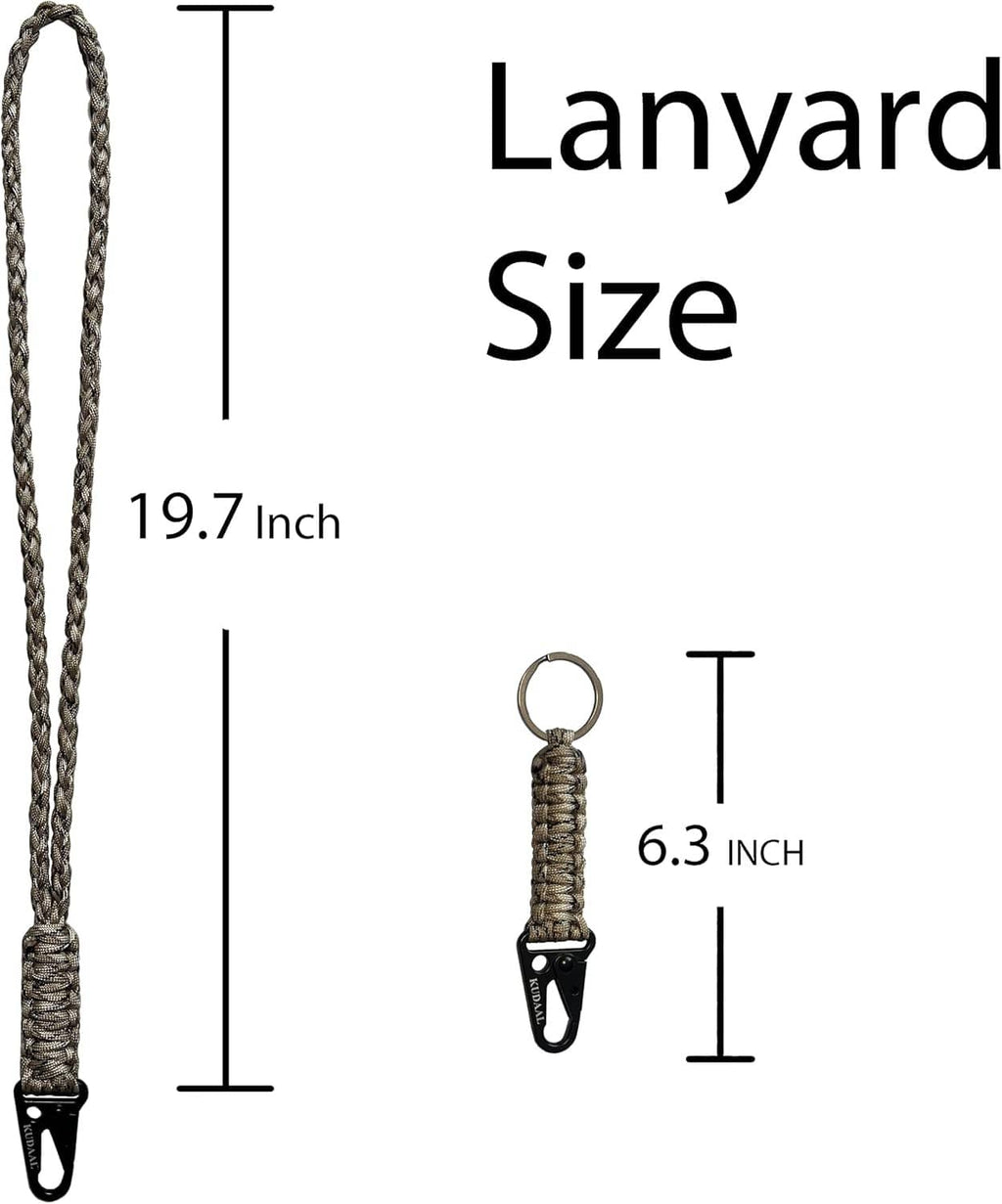 Paracord lanyard with keyring and black clip; size measurement diagram shown