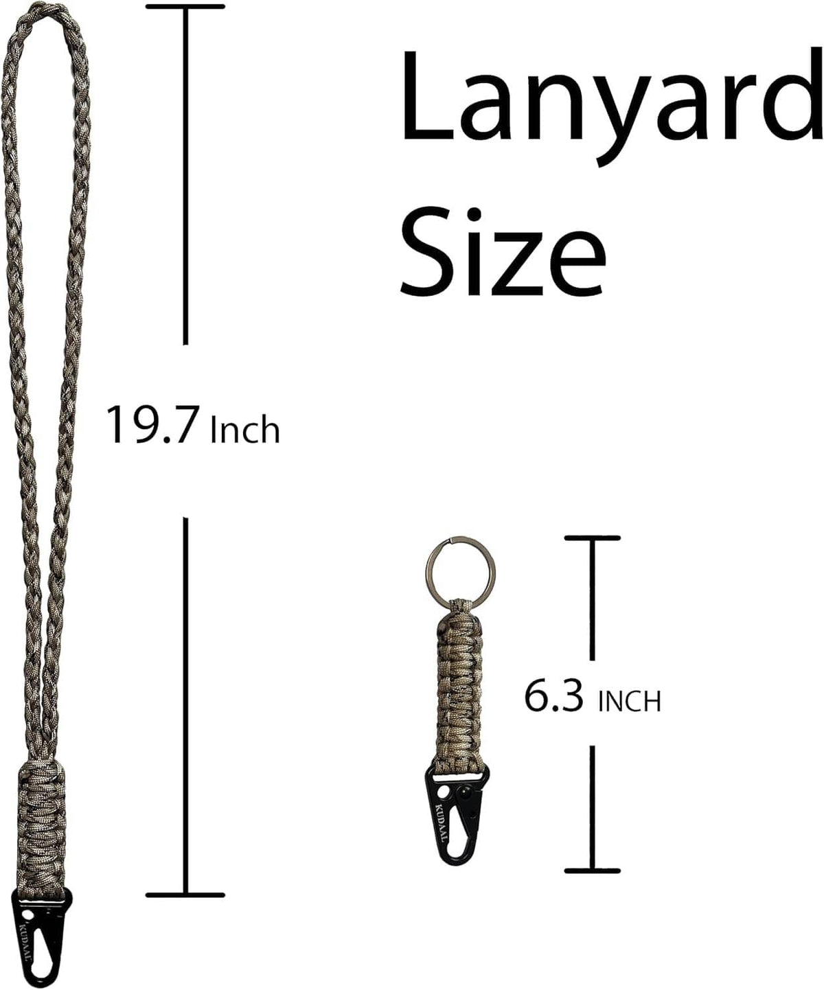 Paracord lanyard with keyring and black clip; size measurement diagram shown
