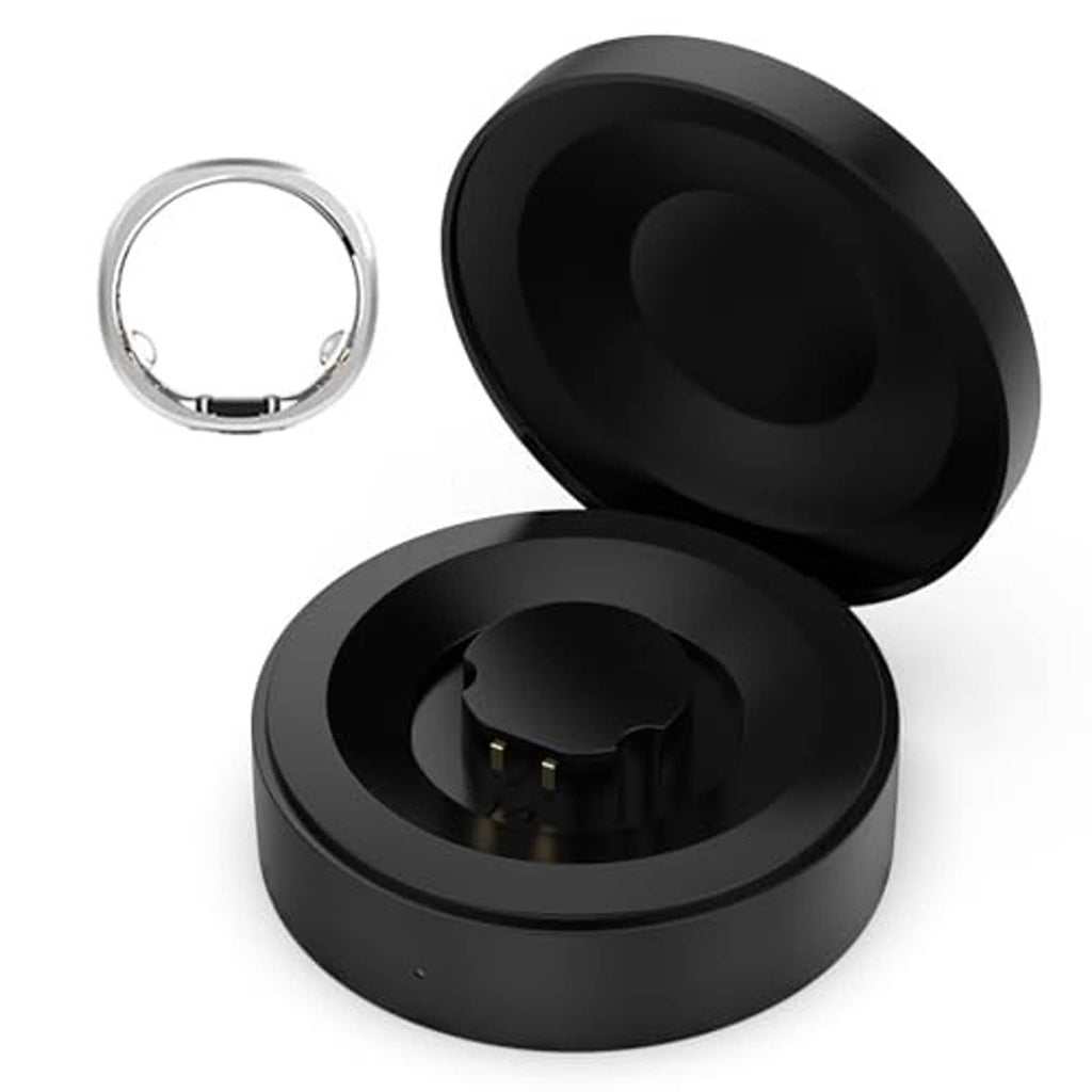 Black smart ring charging dock with open lid and charging cradle