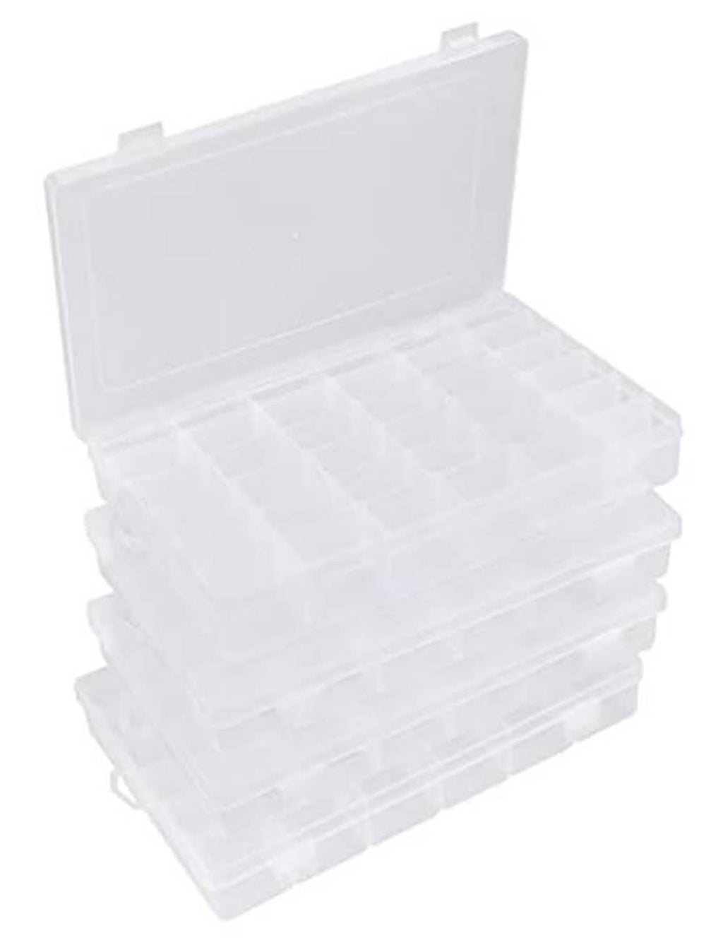 Clear plastic parts organizer box with hinged lid open, showing divided compartments in rows