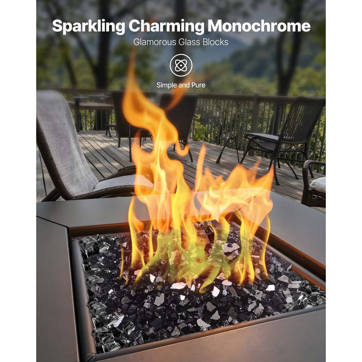 Black fire pit glass rocks in a burner tray with visible flames