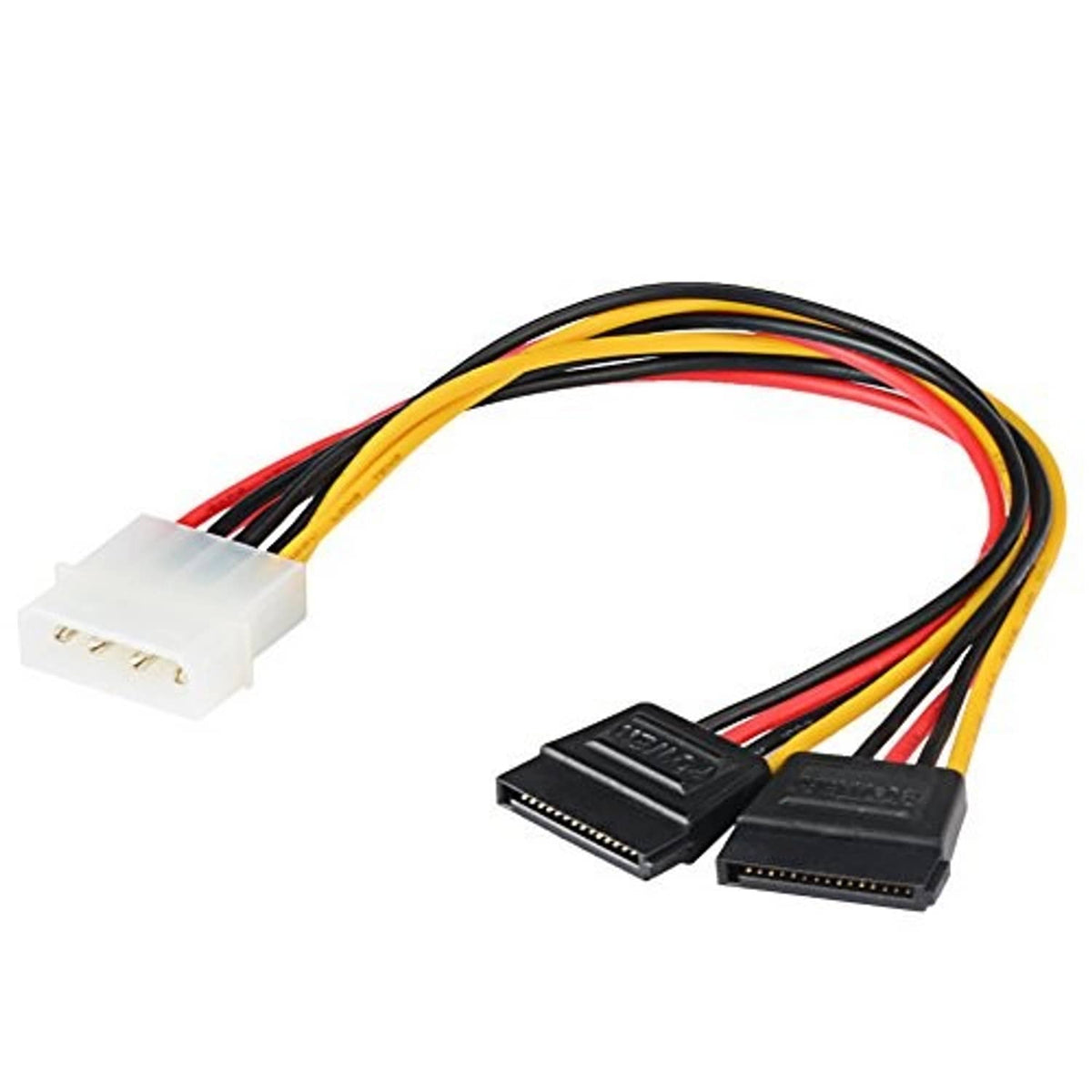 Y-cable with white 4-pin Molex plug and two SATA power connectors in a bundled layout