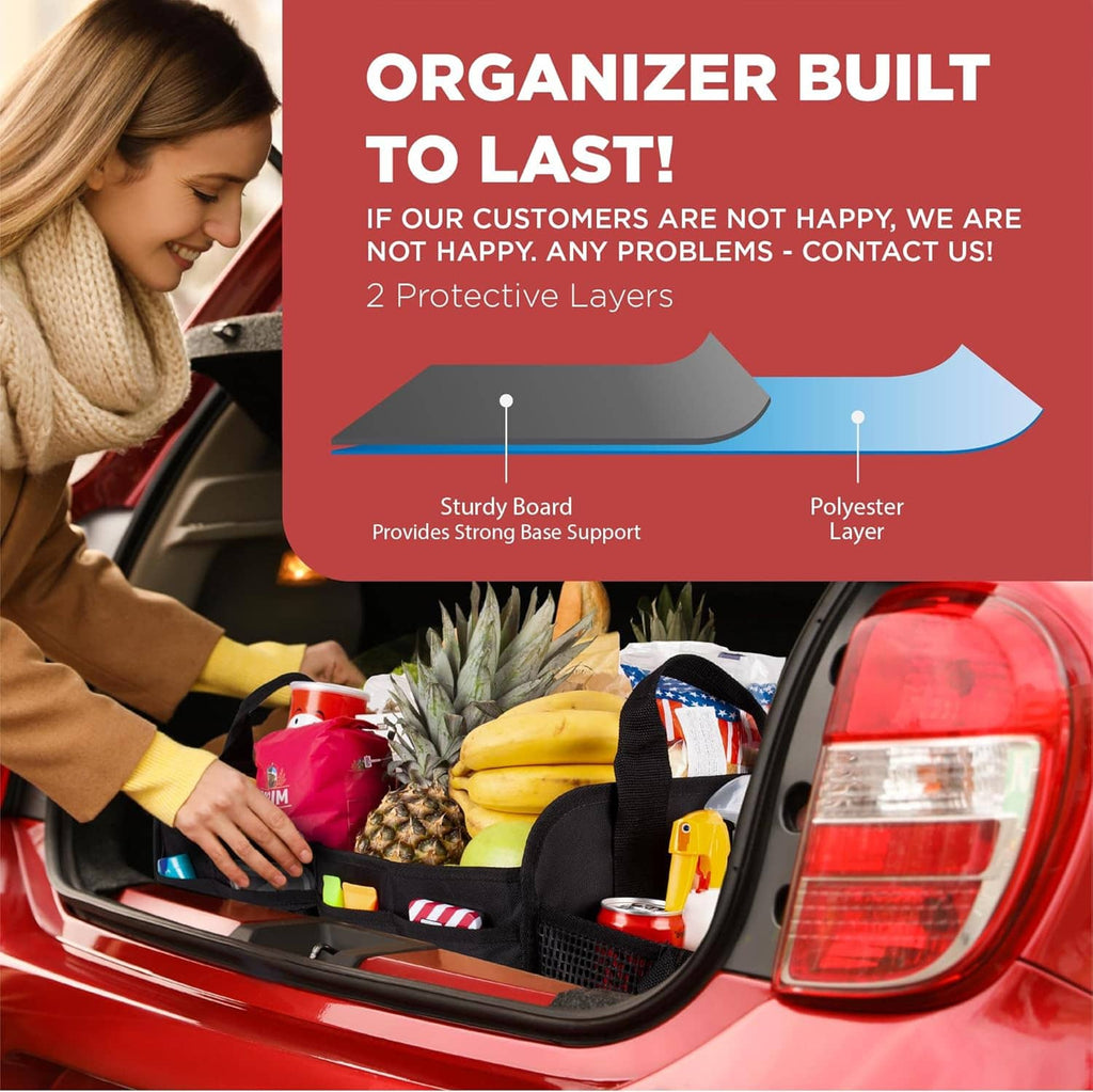Black car trunk organizer with protective padded layers for secure item storage