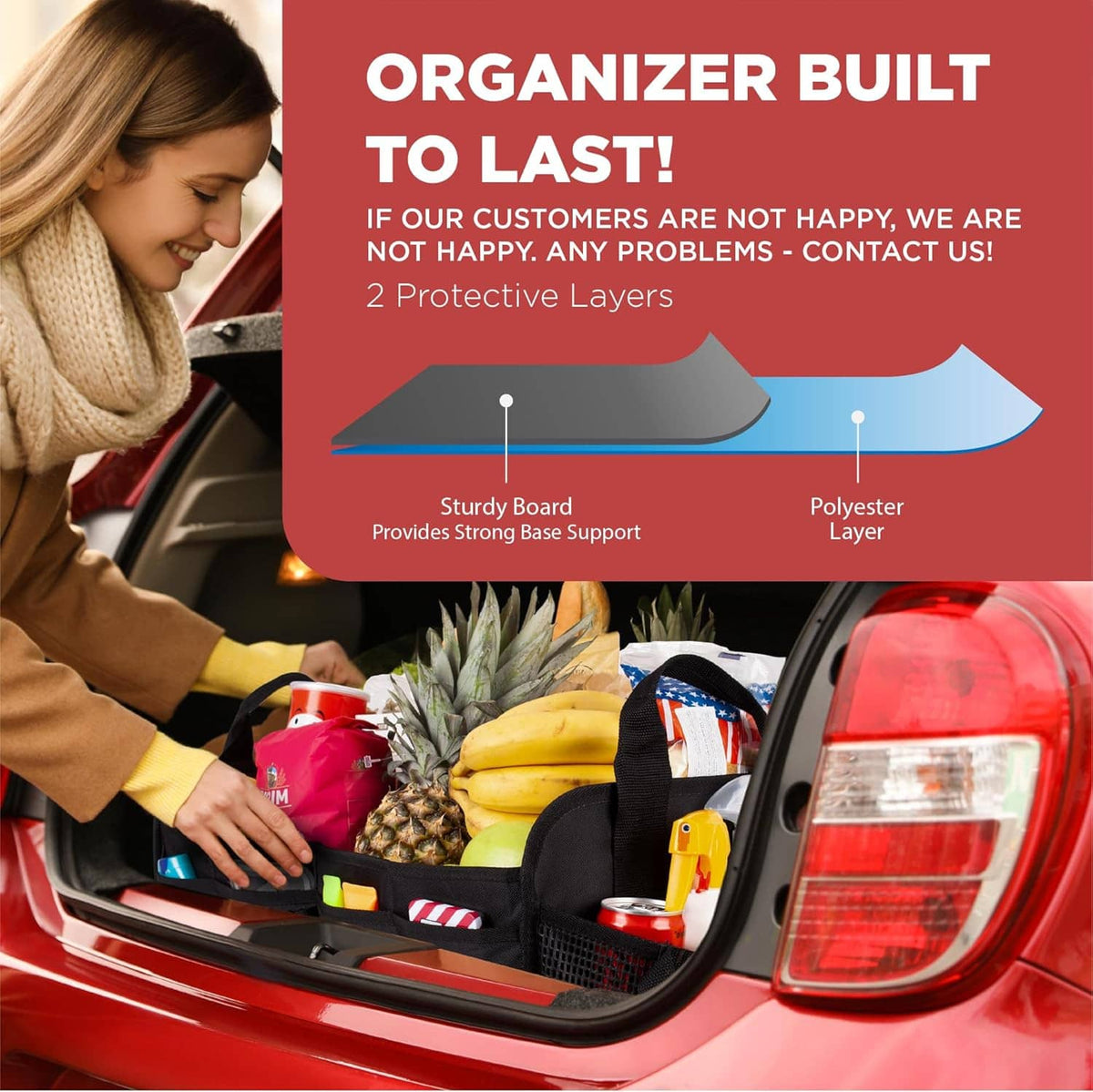 Black car trunk organizer with protective padded layers for secure item storage