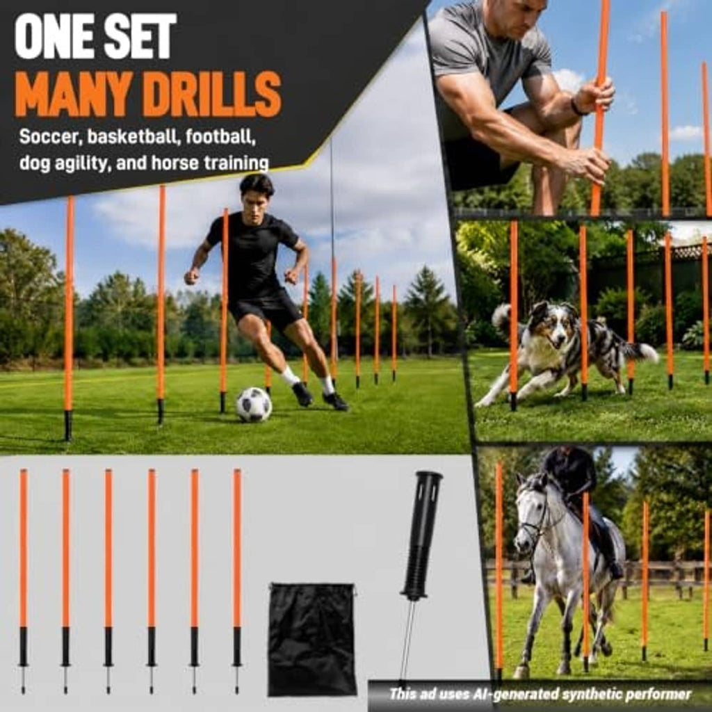 Orange agility training poles with black bases and black drawstring carry bag, multipurpose drills