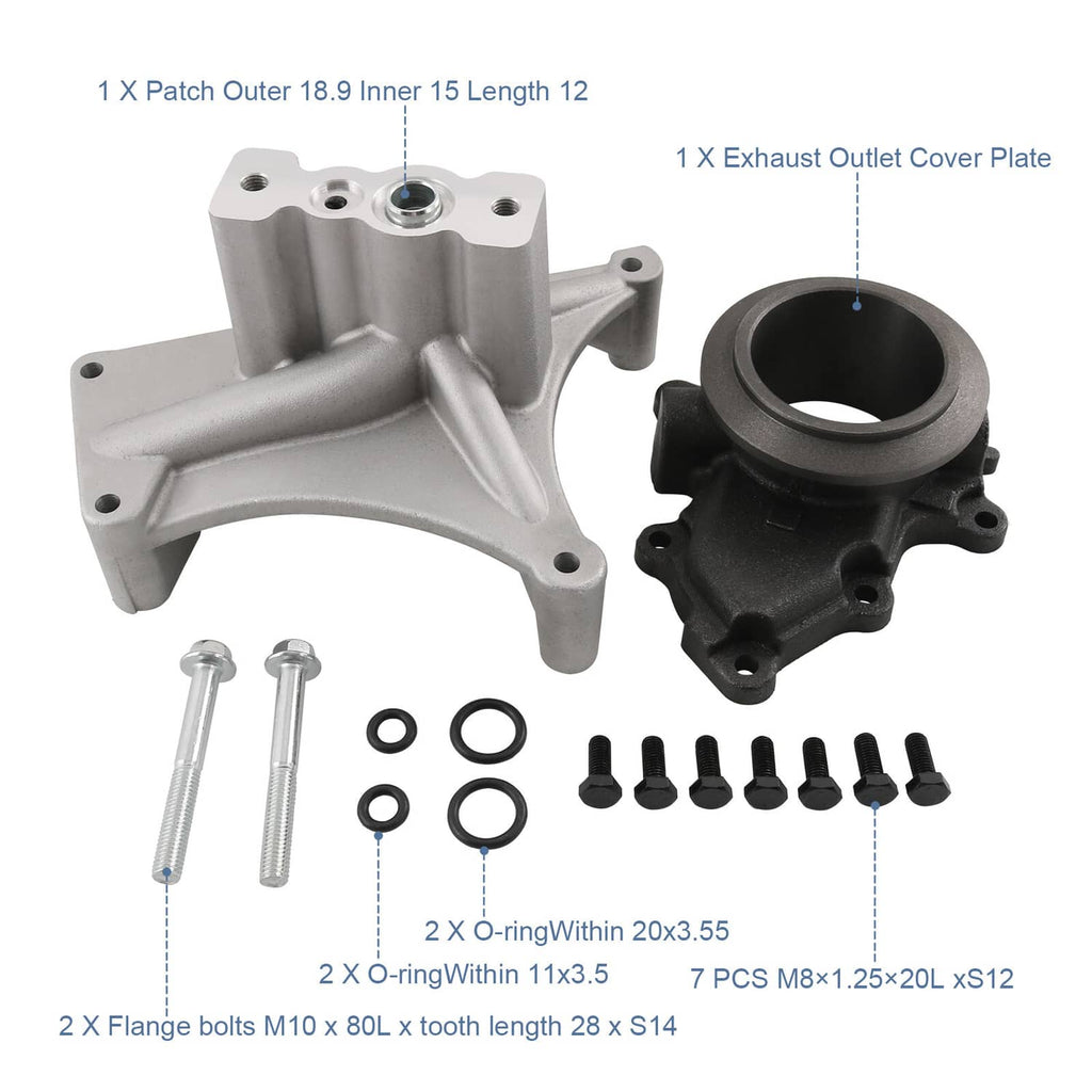 Turbo pedestal and exhaust cover housing with bolts, O-rings, and gasket seals
