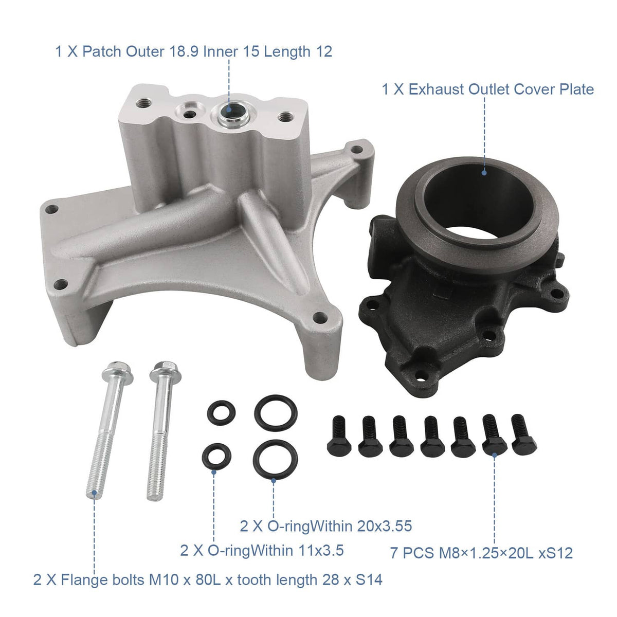 Turbo pedestal and exhaust cover housing with bolts, O-rings, and gasket seals