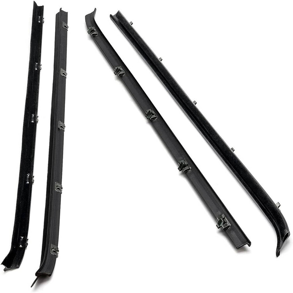 Set of black front window run channel seals with felt edge and mounting clips
