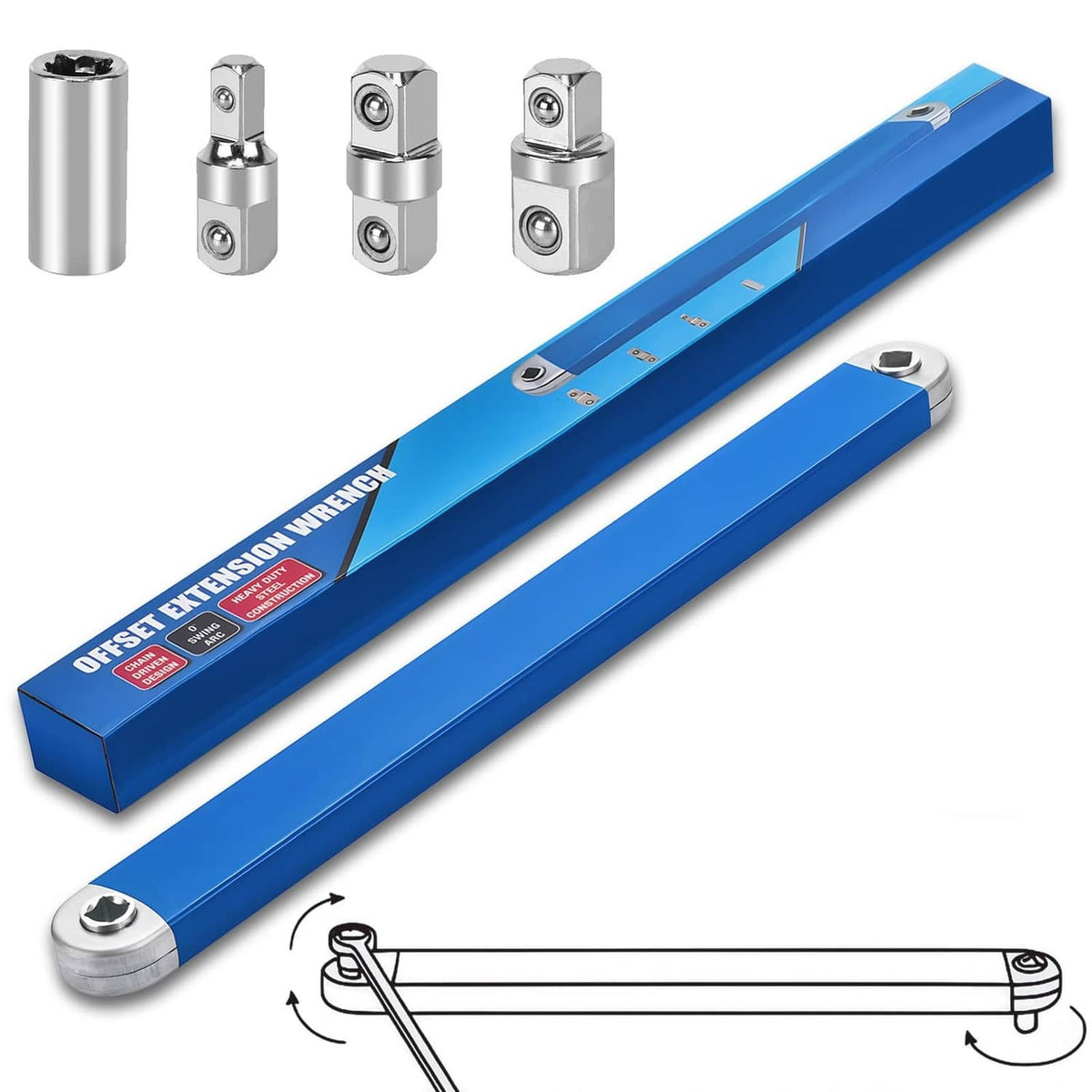 15 in blue offset extension wrench with impact-ready socket adapters and extension bar