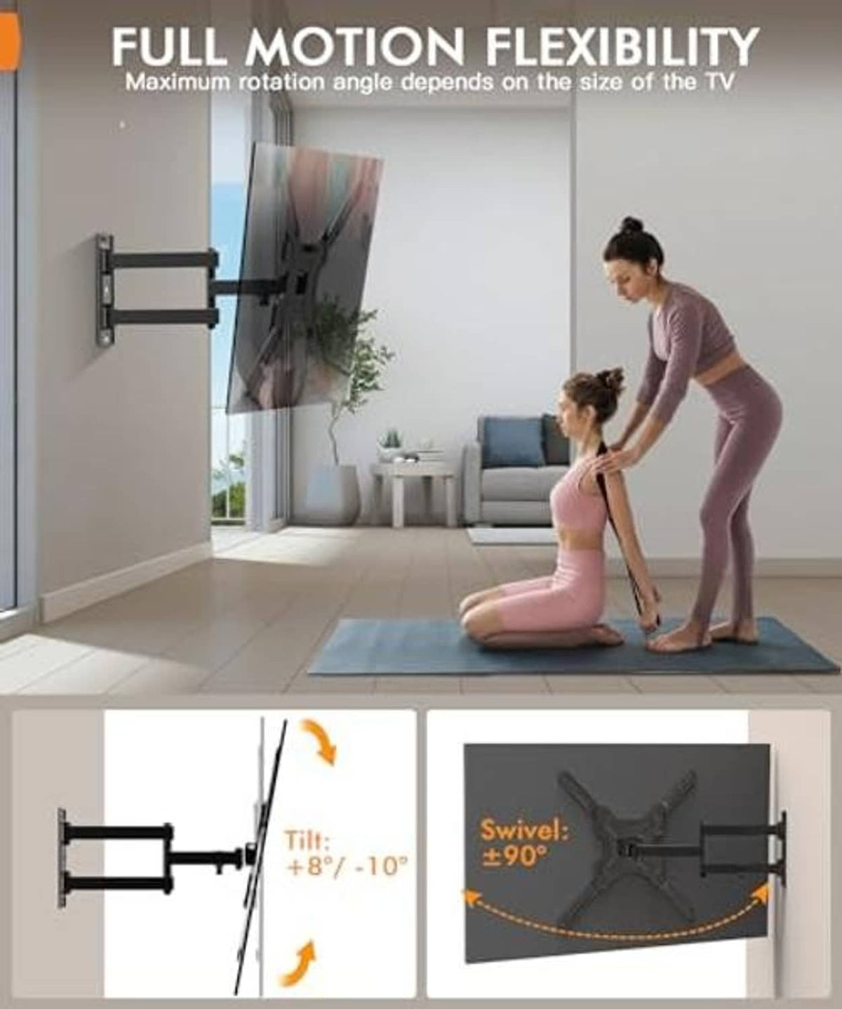 Full-motion TV wall mount flexibility illustration with tilt and swivel movement