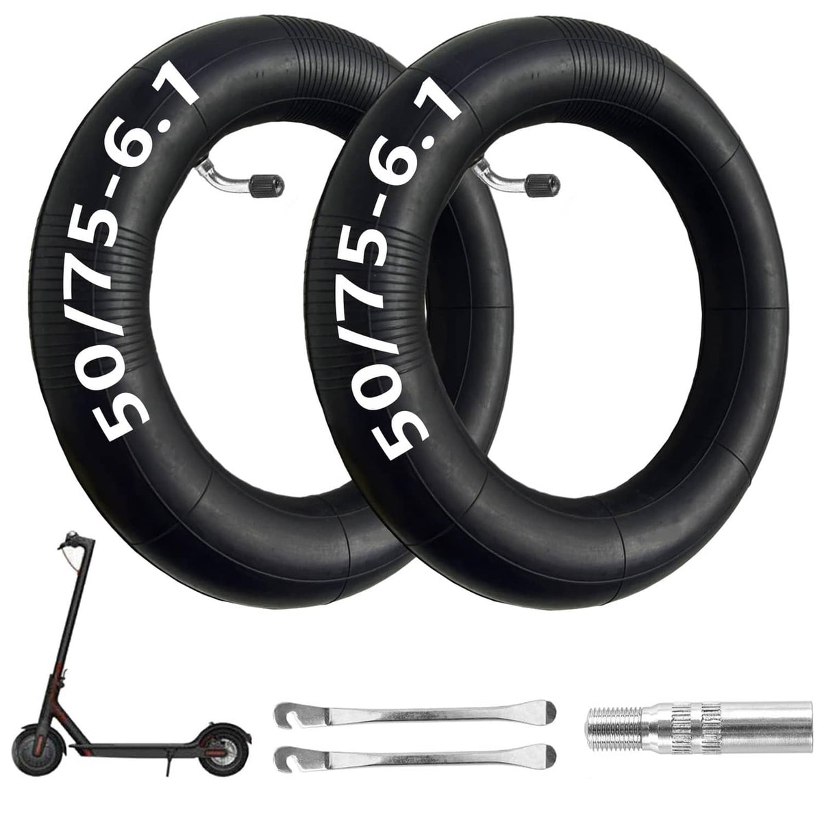 Pair of black scooter inner tubes with valve stems, 8.5 x 2 size