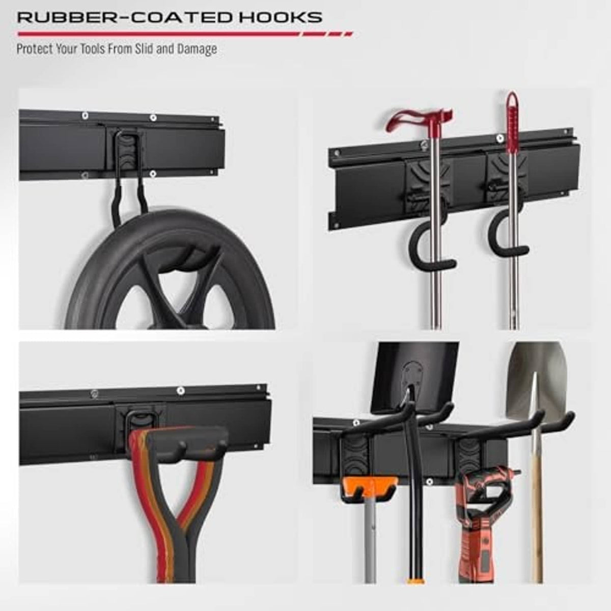 Black rubber-coated hooks on a steel garage wall organizer rail for tool protection