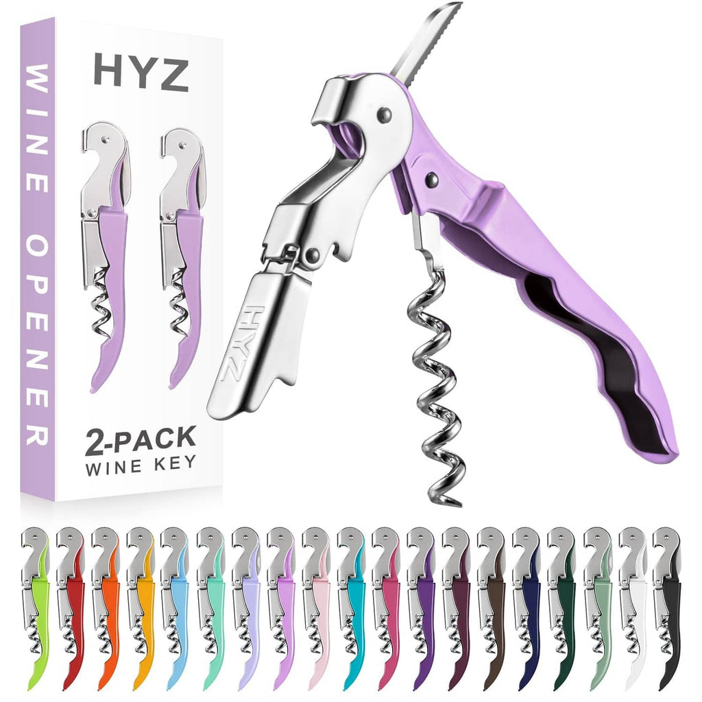 HYZ 2-pack wine key with two lilac-handled corkscrews, compact waiter style