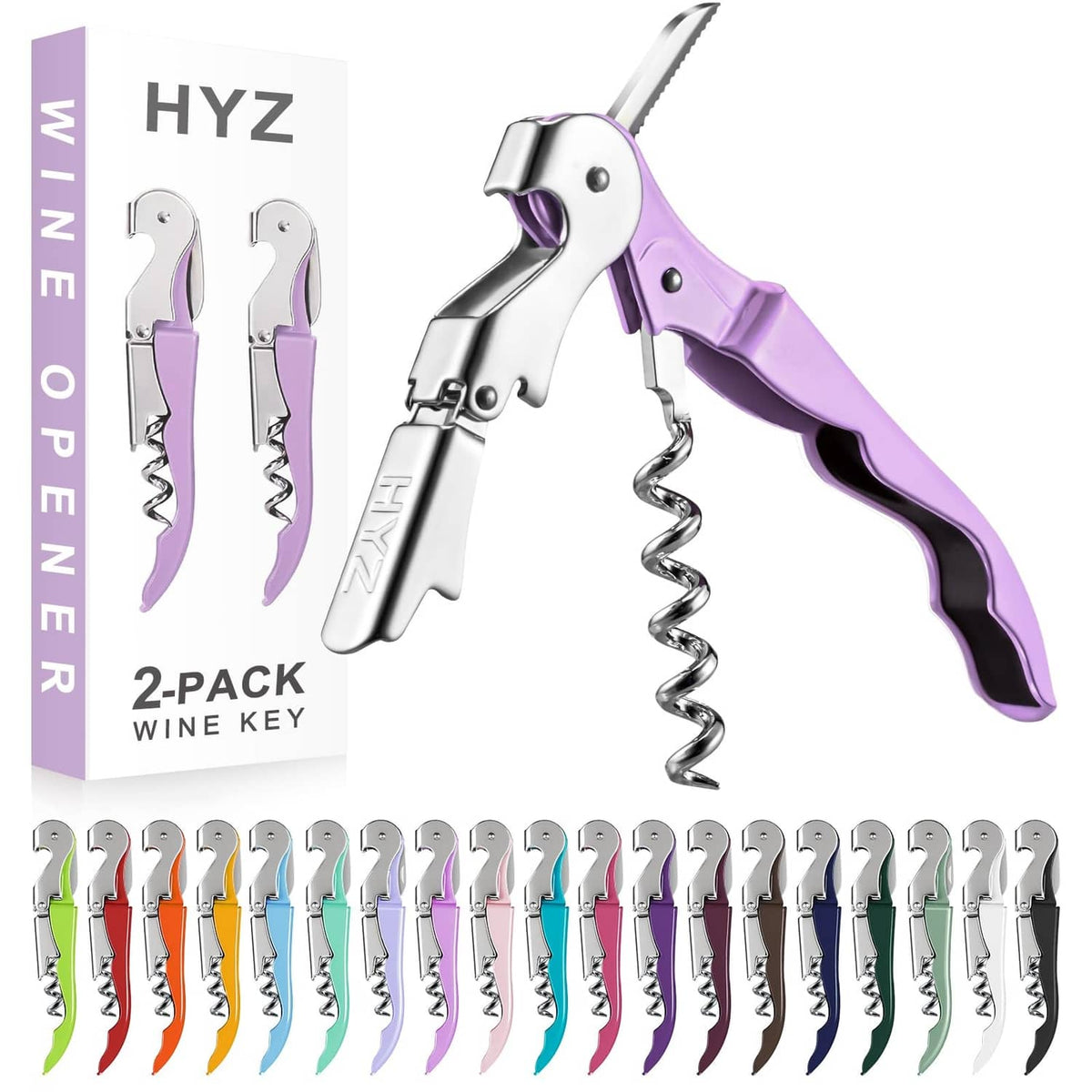 HYZ 2-pack wine key with two lilac-handled corkscrews, compact waiter style