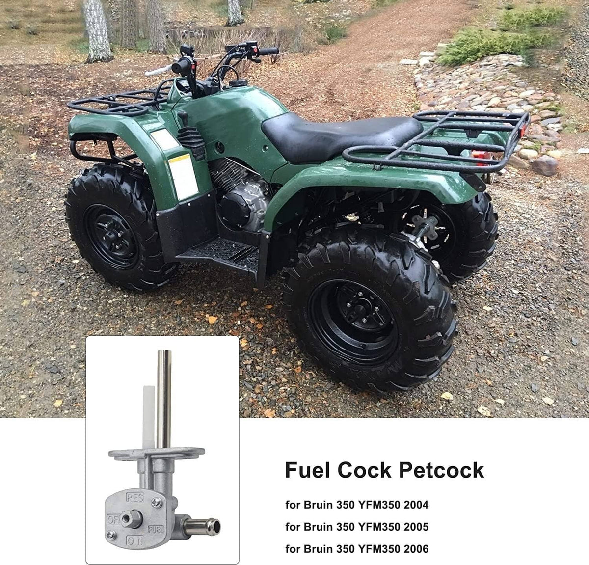 Fuel petcock valve installed on a green ATV, close-up view