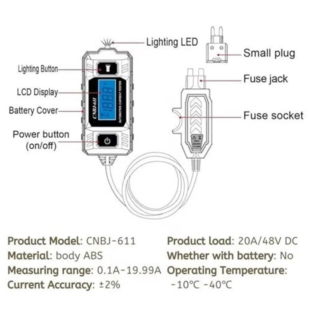 Car circuit tester parts diagram showing LED, LCD screen, buttons, and fuse jack