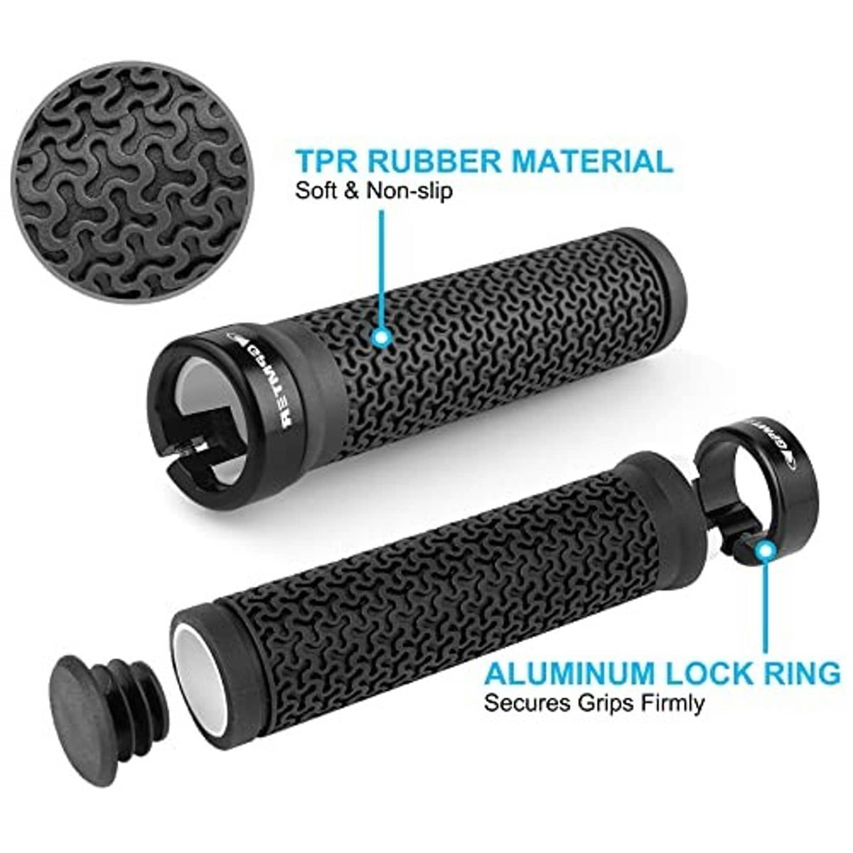 Black wavy-pattern rubber grips with aluminum lock ring, secure end caps