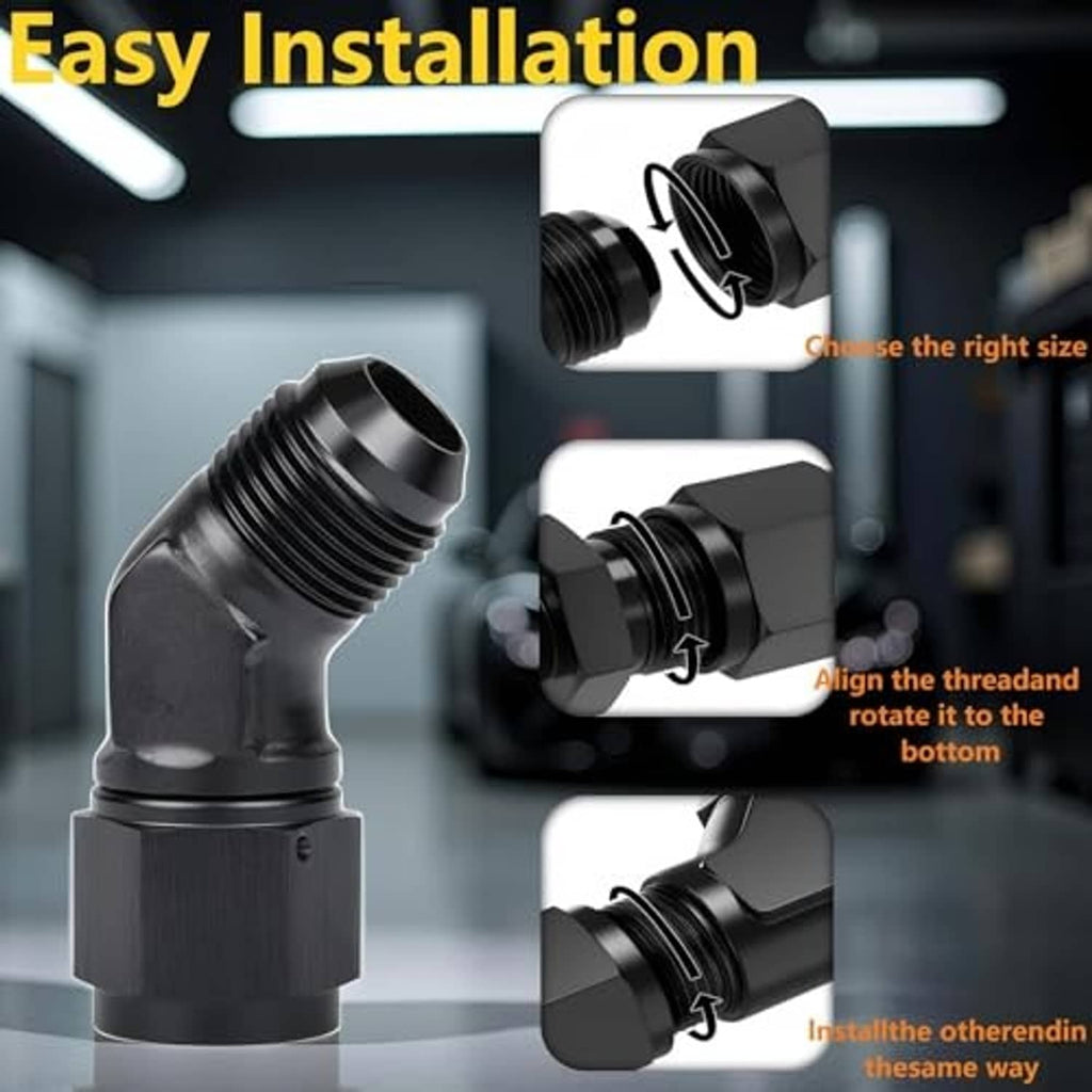 Black AN elbow swivel fitting adapter with two threaded connections and 45-degree bend