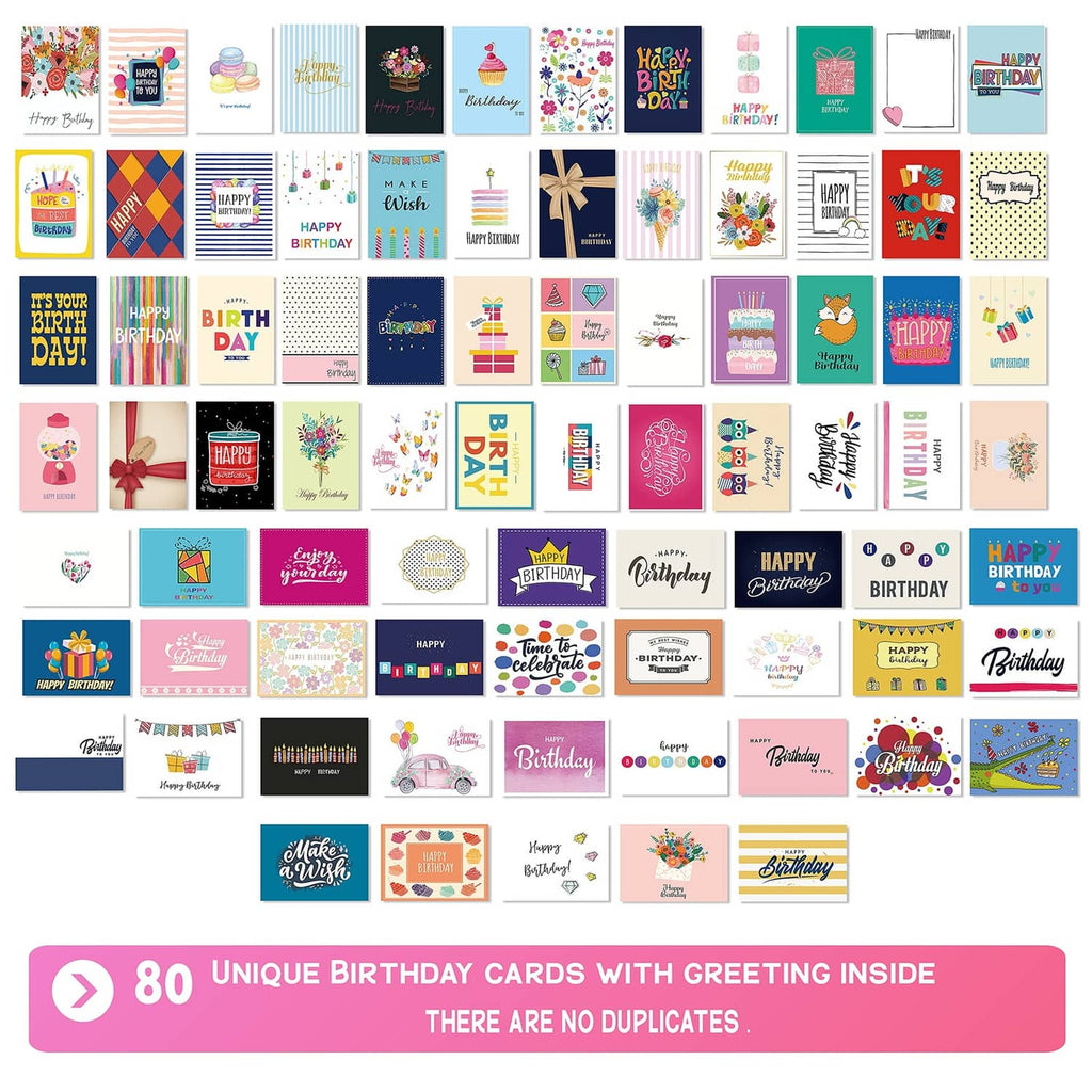 Bulk birthday card set collage showing multiple colorful designs and patterns