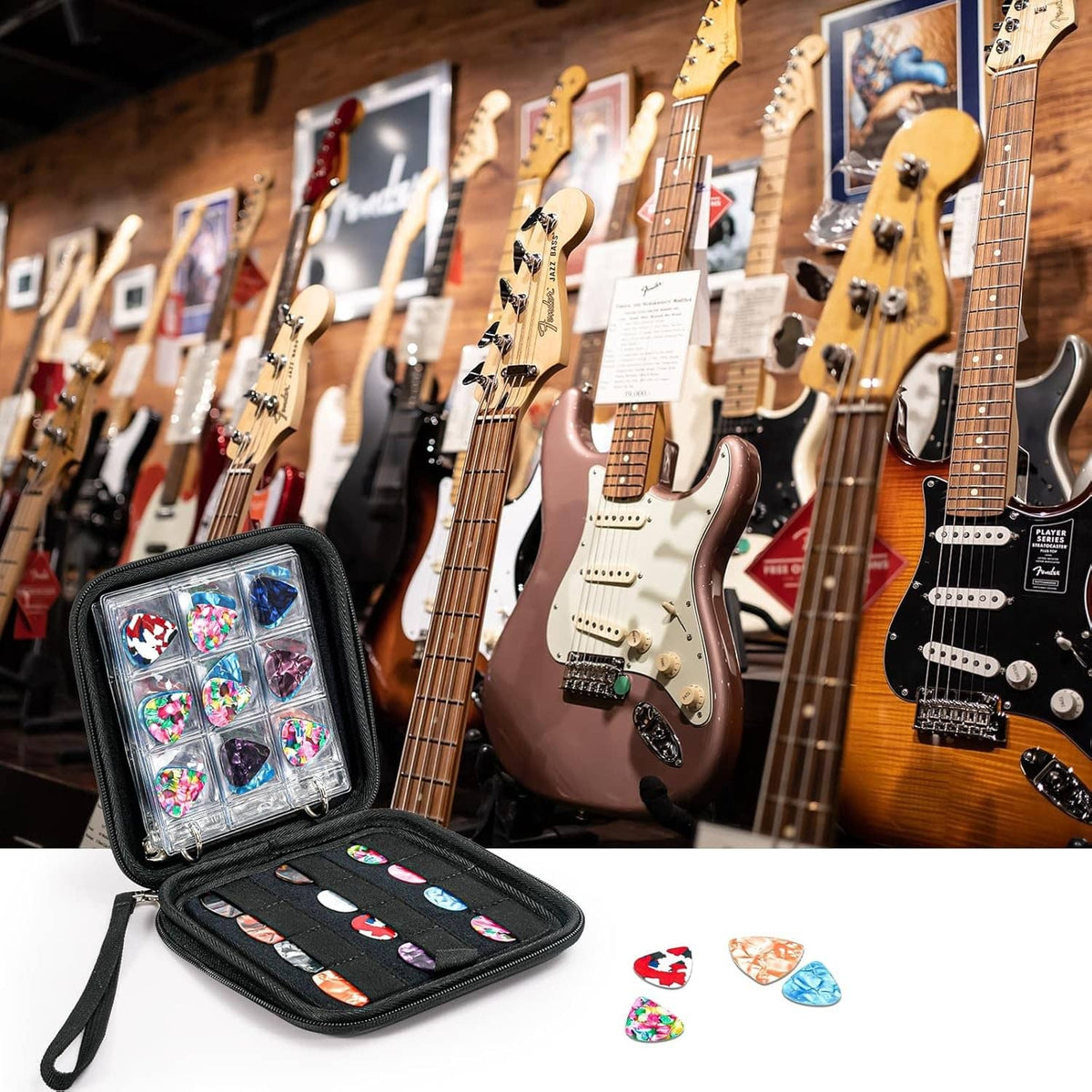 Guitar pick case with open clear organizer showing multiple colorful picks